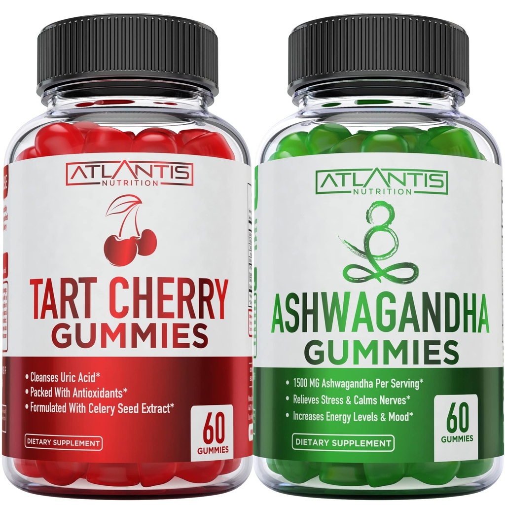 60 Ashwagandha Gummies + 60 Tart Cherry Gummies -Ashwagandha Boosts Energy Levels & Strengthens Immune System - Tart Cherry Has Advanced Uric Acid Cleanse for Immediate Gout Pain Reli