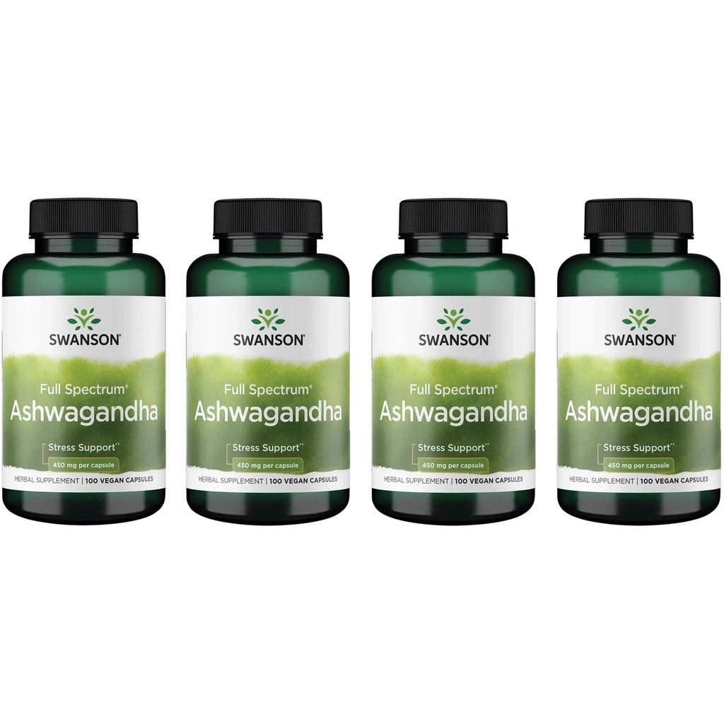 Swanson Ashwagandha Powder Supplement - with Ashwagandha Root to Promote Stress Relief & Energy - Ayurvedic Supplement for Natural Wellness (100 Capsules, 450mg Each) 4 Pack