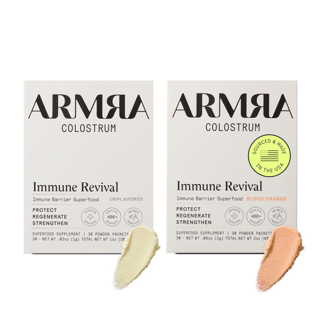 ARMRA Colostrum™ Premium Powder, Grass Fed, Gut Health Bloating Immunity Skin & Hair, Contains 400+ Bioactive Nutrients, Keto, Gluten & Fat Free (Unflavored, Blood Orange Bundle | 60 Servings)