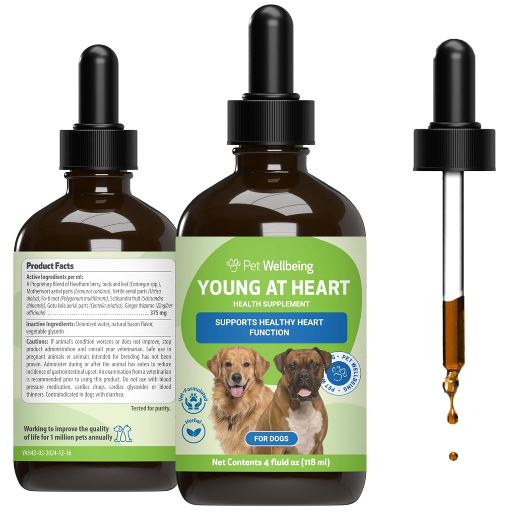 Pet Wellbeing Young at Heart for Dogs - Senior Heart Health Support, Cardiovascular Wellness with Hawthorn & Motherwort - NASC Certified & Vet-Formulated - 4 oz Liquid Formula