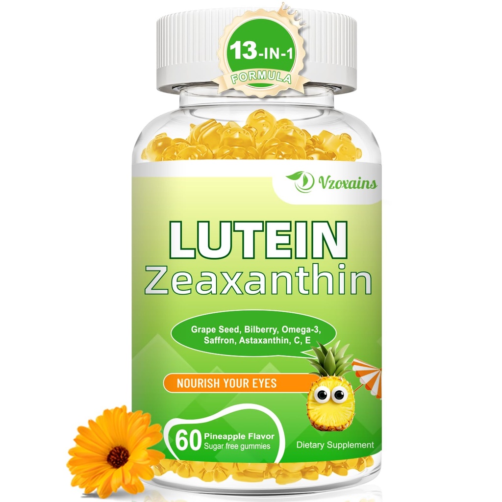 Lutein 20 mg with Zeaxanthin Gummies, Lutein and Zeaxanthin Supplements with Eye Vitamins C, E, Bilberry for Eye Health - 60Cts