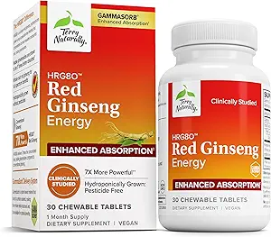 Terry Naturally HRG80 Red Ginseng Energy - Support Healthy Energy & Focus - Herbal Supplement with Korean Red Ginseng Root Powder - Vegan Tablets to Aid Healthy Endurance - 30 Chewable Tablets