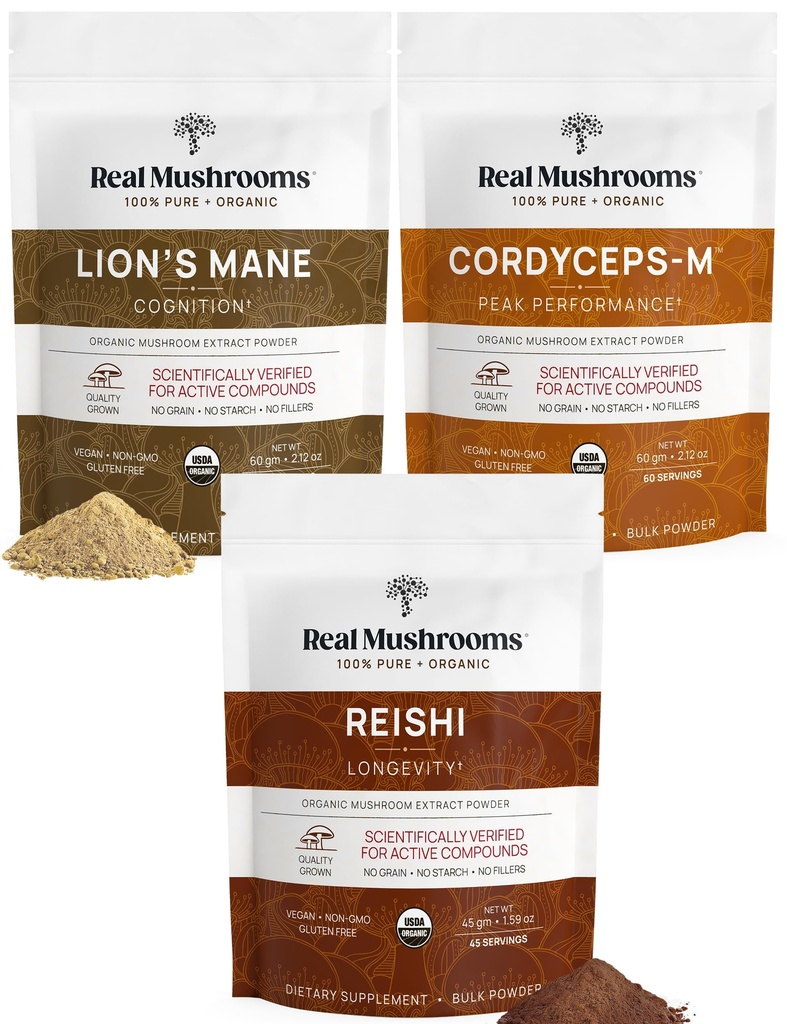 Real Mushrooms Peak Performance Bundle - Lion's Mane + Reishi + Cordyceps-M Certified Organic Mushroom Powders for Vitality, Immunity & Longevity