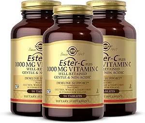Solgar Ester-C Plus 1000 mg Vitamin C (Ascorbate Complex) - 90 Tablets, Pack of 3 - Gentle & Non Acidic - Supports Upper Respiratory Health - Non-GMO, Gluten Free - 270 Total Servings
