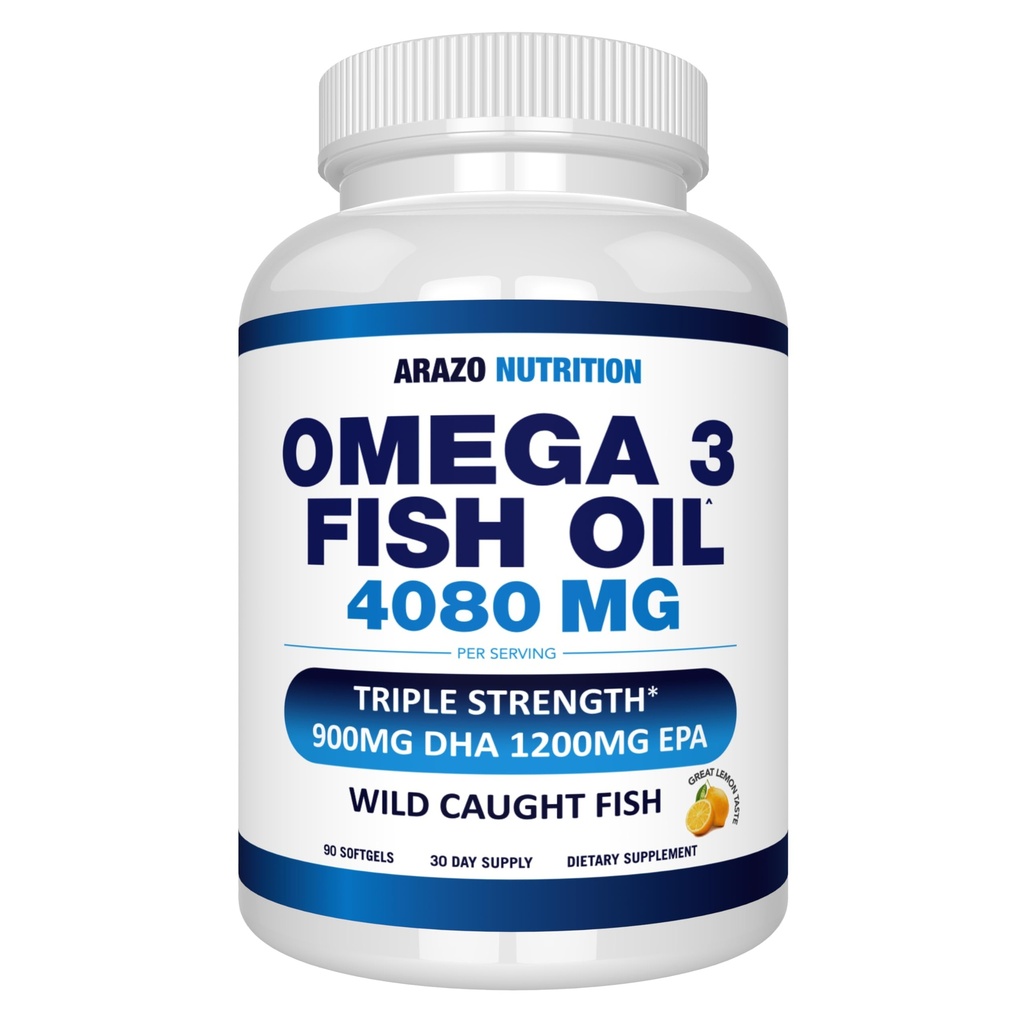 Arazo Nutrition Wild Caught Omega-3 Fish Oil Concentrate – 4,080mg per Serving – High EPA 1200mg & DHA 900mg – 90 Burpless Lemon Softgels