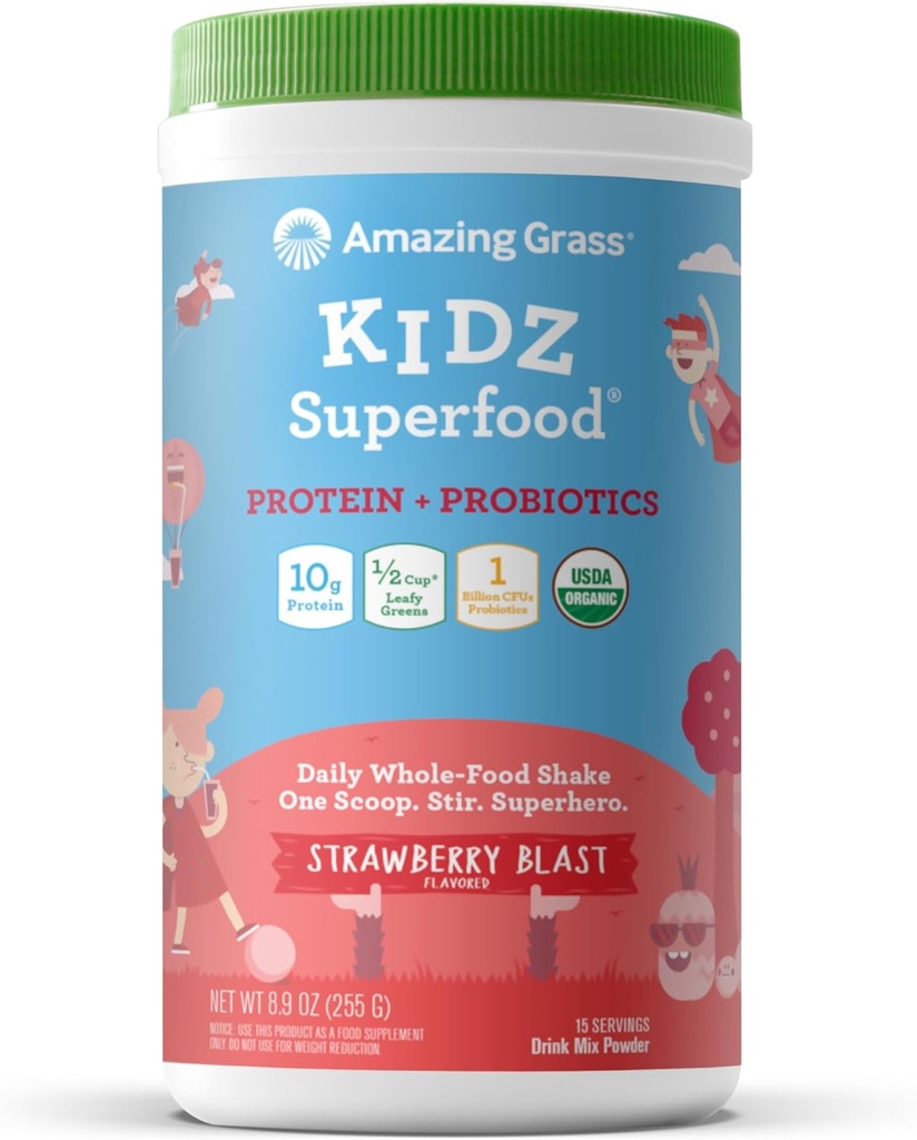Amazing Grass Kidz Superfood: Vegan Protein & Probiotics for Kids with Beet Root Powder & 1/2 Cup of Leafy Greens, Strawberry Blast, 15 Servings