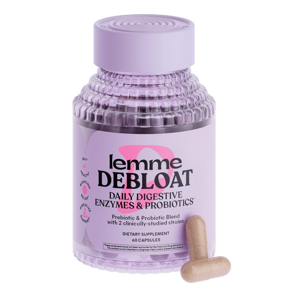 Lemme Debloat 3-in-1 Prebiotic, Probiotic & Digestive Enzyme Capsules for Bloating & Gas Relief - 2 Clinically Studied Probiotics w/5 Digestive Enzymes to Improve Digestion, Women & Men, (60 Count)