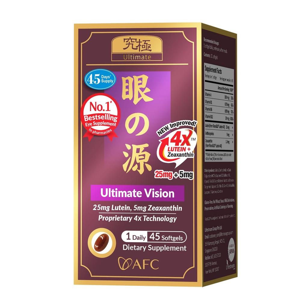 AFC Japan Ultimate Vision 4X - Improved, Up-Sized Eye Formula with Lutein, Zeaxanthin, Bilberry Extract and Vitamins for Age-Related Eye Problem, Blurry & Poor Vision, Dry Eye, Macular Health 45s