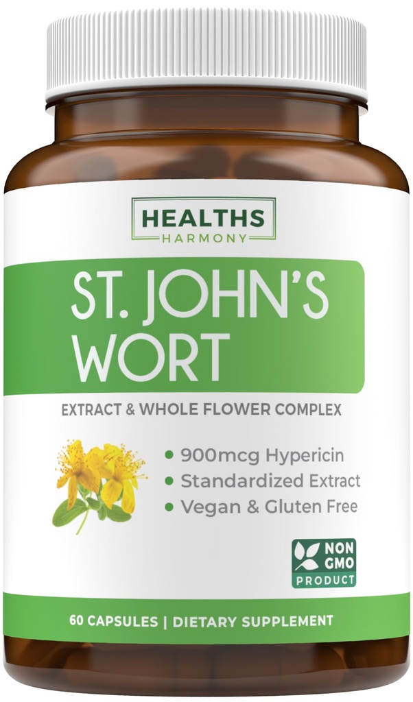 St John's Wort Capsules - Powerful & Potent Saint John's Wort Extract & Whole Herb Complex Standardized to 900mcg Hypericin for Balancing Daily Mood Support - Vegan Non-GMO & Lab Verified (60 Caps)