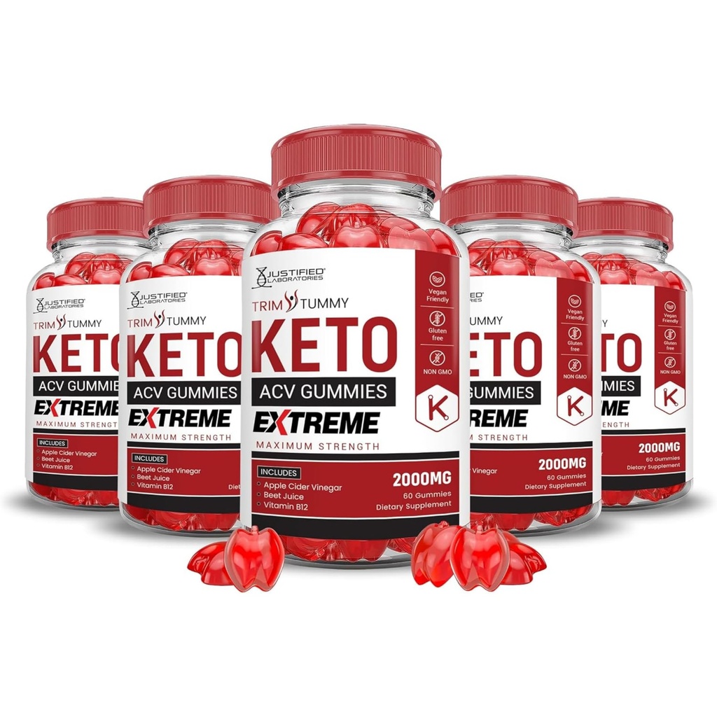 Justified Laboratories Trim Tummy Keto ACV Gummies Extreme (2000 mg) - 60 Count, Pack of 5 - Made with the Mother & Vitamin B12 - Non-GMO, Vegan, Gluten Free - 150 Servings