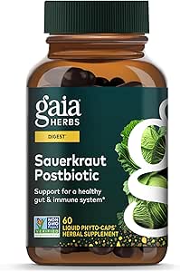 Gaia Herbs Sauerkraut Postbiotic - Natural Gut Health & Immune Support Supplement - Made with Fermented Sauerkraut - Free from Dairy, Soy & Gluten - 60 Vegan Capsules (30 Servings)