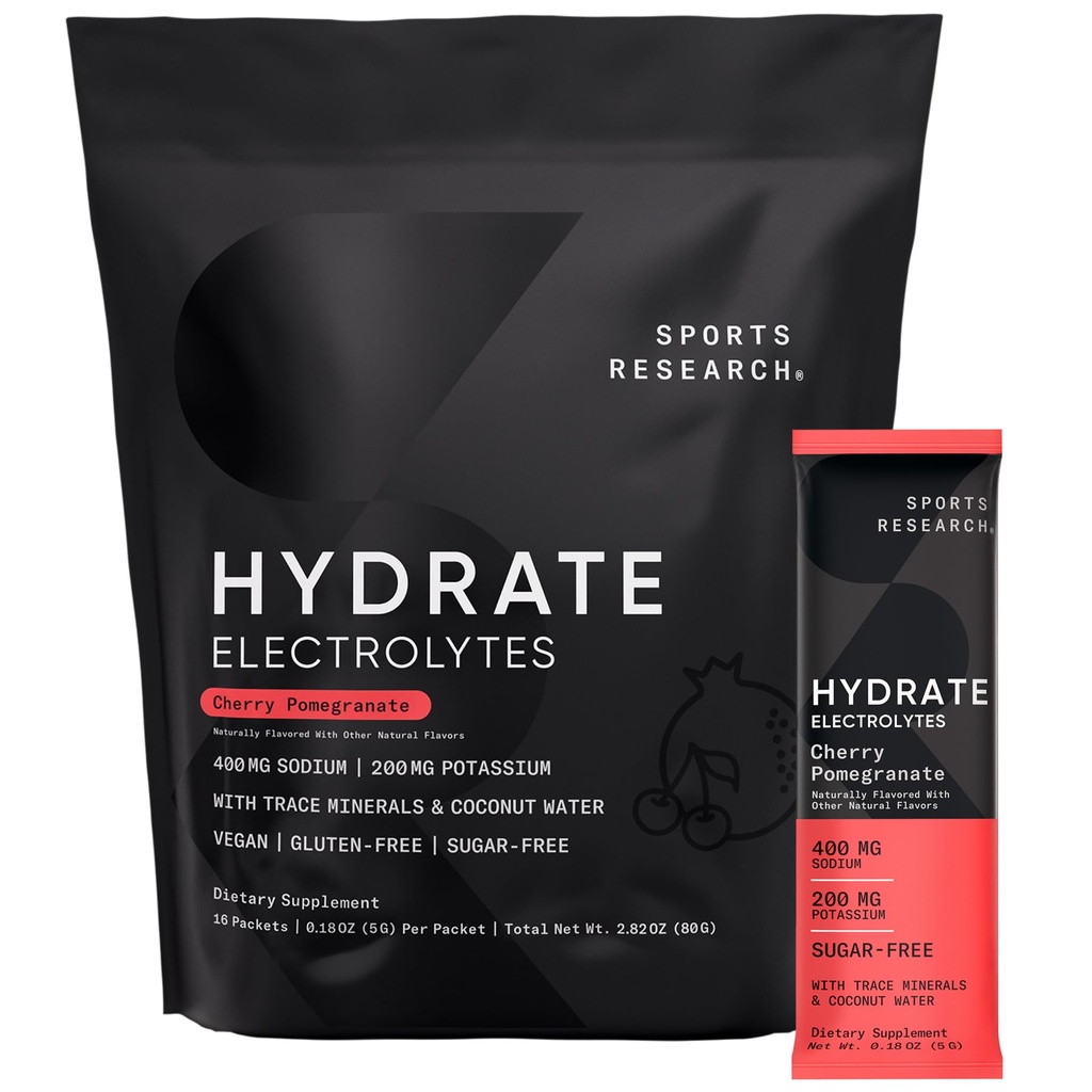 Sports Research Hydrate Electrolytes Powder Packets - Sugar-Free & Naturally Flavored with Vitamins, Minerals, and Coconut Water - Supports Hydration - 16 Packets - Cherry Pomegranate