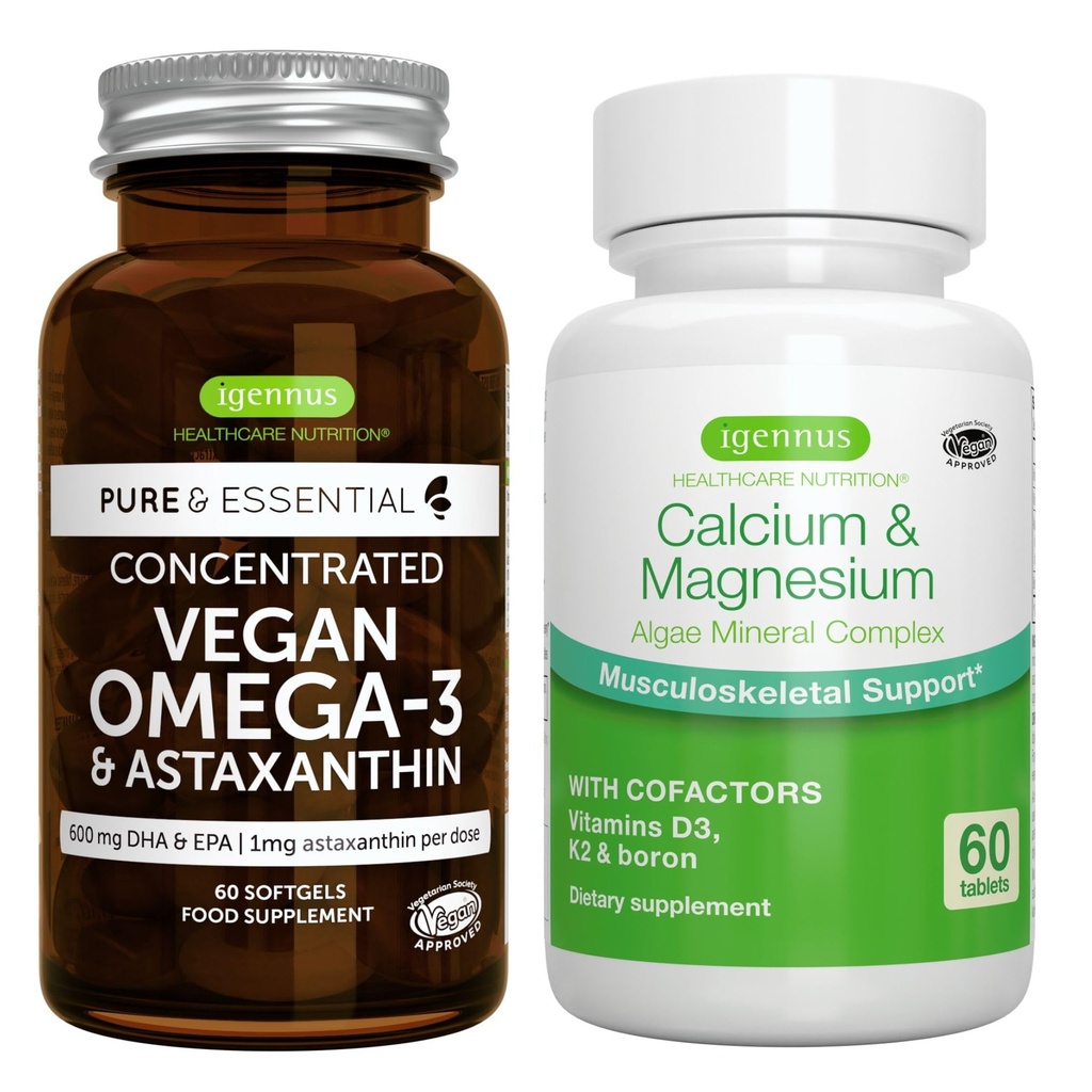 Vegan Omega-3 + Calcium & Magnesium Complex Vegan Bundle, Sustainable EPA & DHA Algae Oil 1340mg + 2:1 Plant Based Algae Mineral Complex, by Igennus