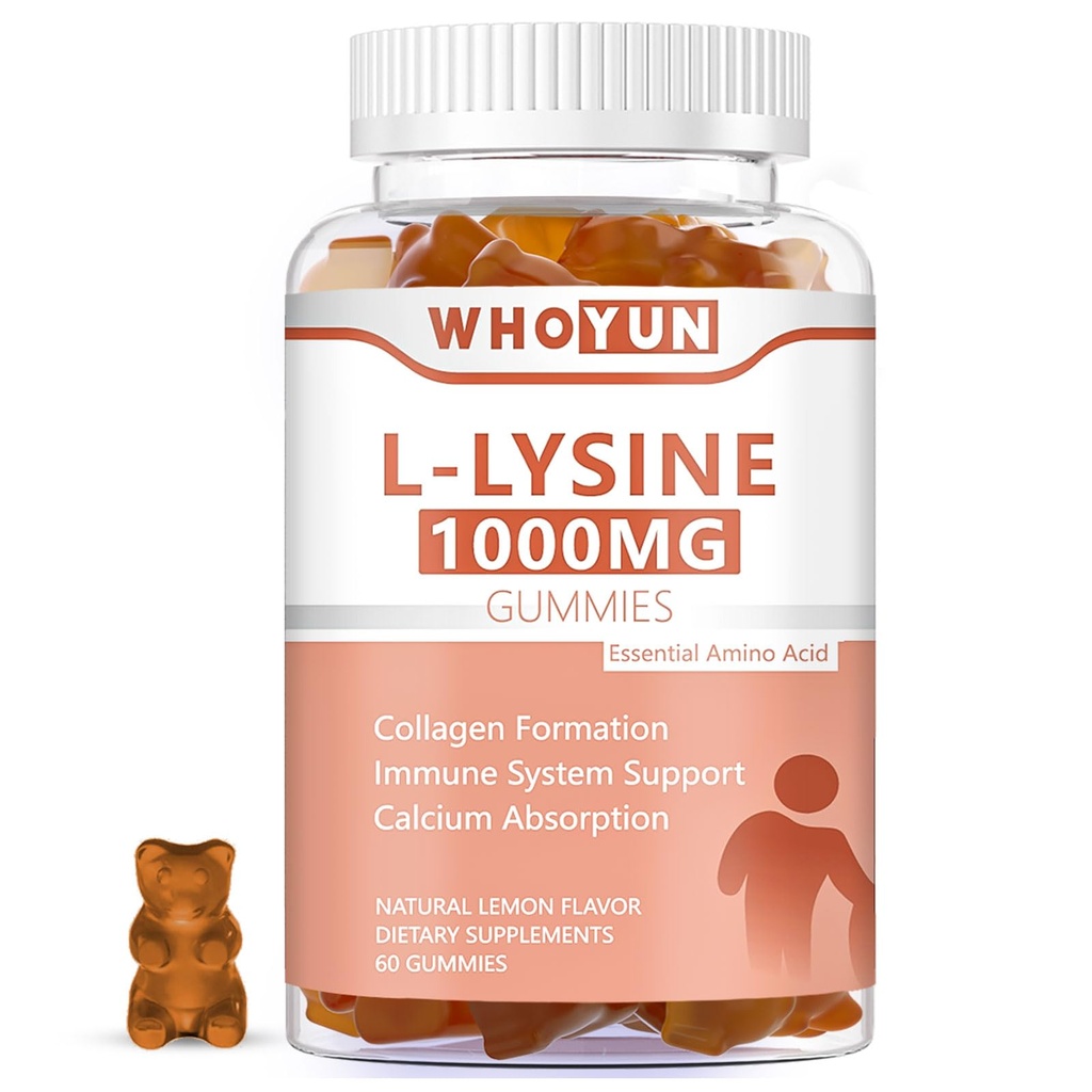 L-Lysine 1000mg Gummies, Chewable Lysine Supplement for Adults, Immune Support, Collagen Formation Support, Lemon Flavor, 60 Count