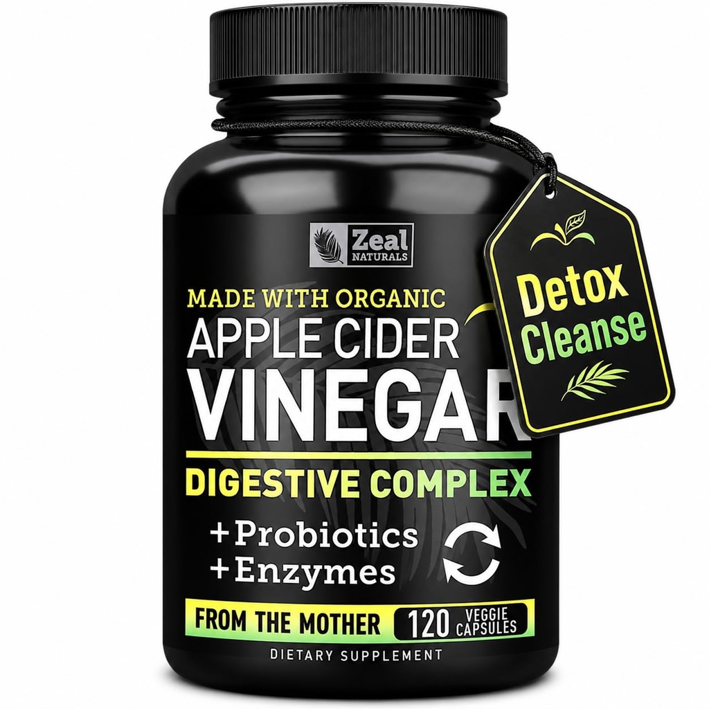 Zeal Naturals Organic Apple Cider Vinegar Capsules + Digestive Enzymes & Probiotics, 1500m 120 Capsules | Raw Apple Cider Vinegar with Mother | Gut Health Supplement for Digestion, Immune Support