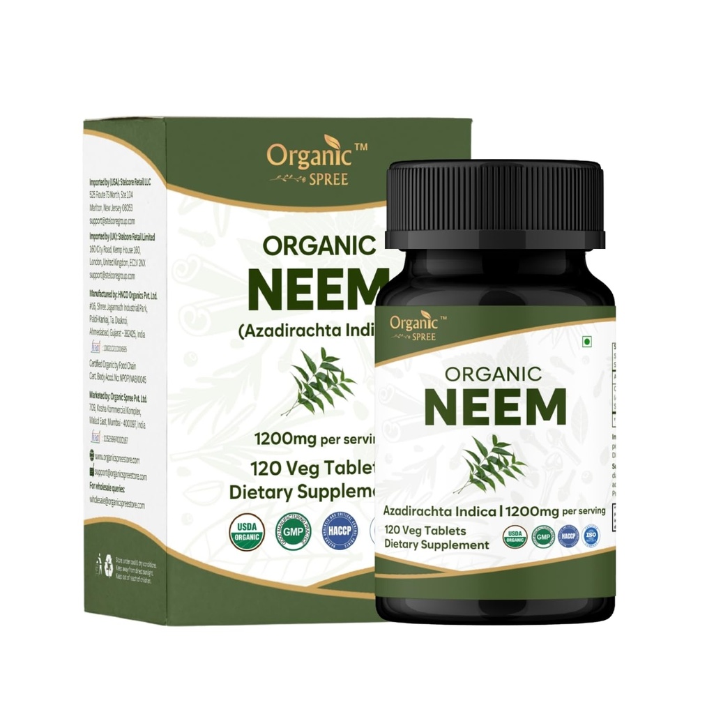 ORGANIC SPREE Neem 120 Tablets | Azadirachta Indica (Neem) | USDA Organic Certified | Healthy Skin and Detox* | Dietary Supplement - 120tab