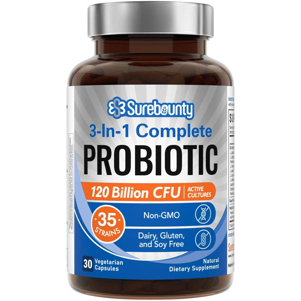 Probiotics 120 Billion CFU, Probiotics for Men & Women, Prebiotics + Digestive Enzymes, Highest Potency, 3-in-1 Complete Probiotic, 30 Capsules