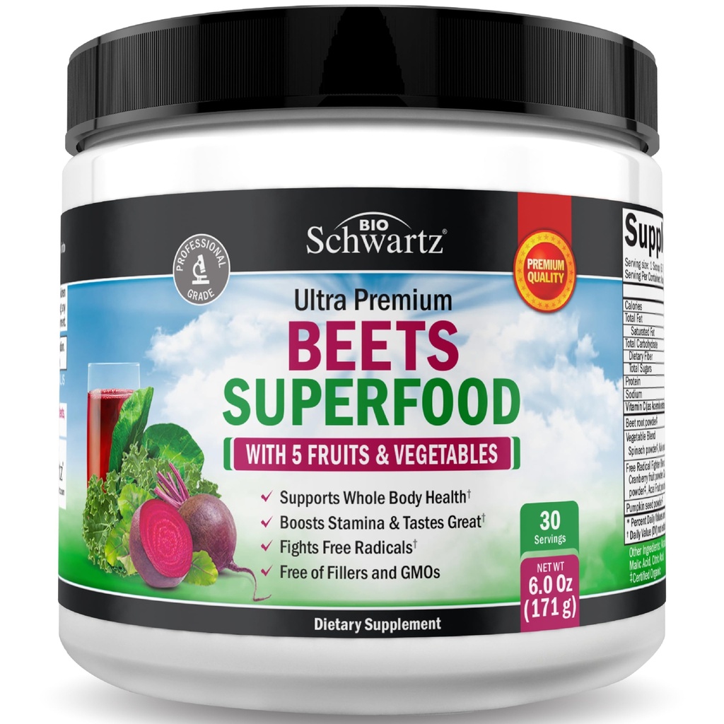 Beet Root Powder - Beets Superfood Supplement with Vitamin C Plus Organic Antioxidant Rich Red Fruits and Vegetables - Boosts Stamina and Natural Energy Levels - 30 Servings - Packaging May Vary