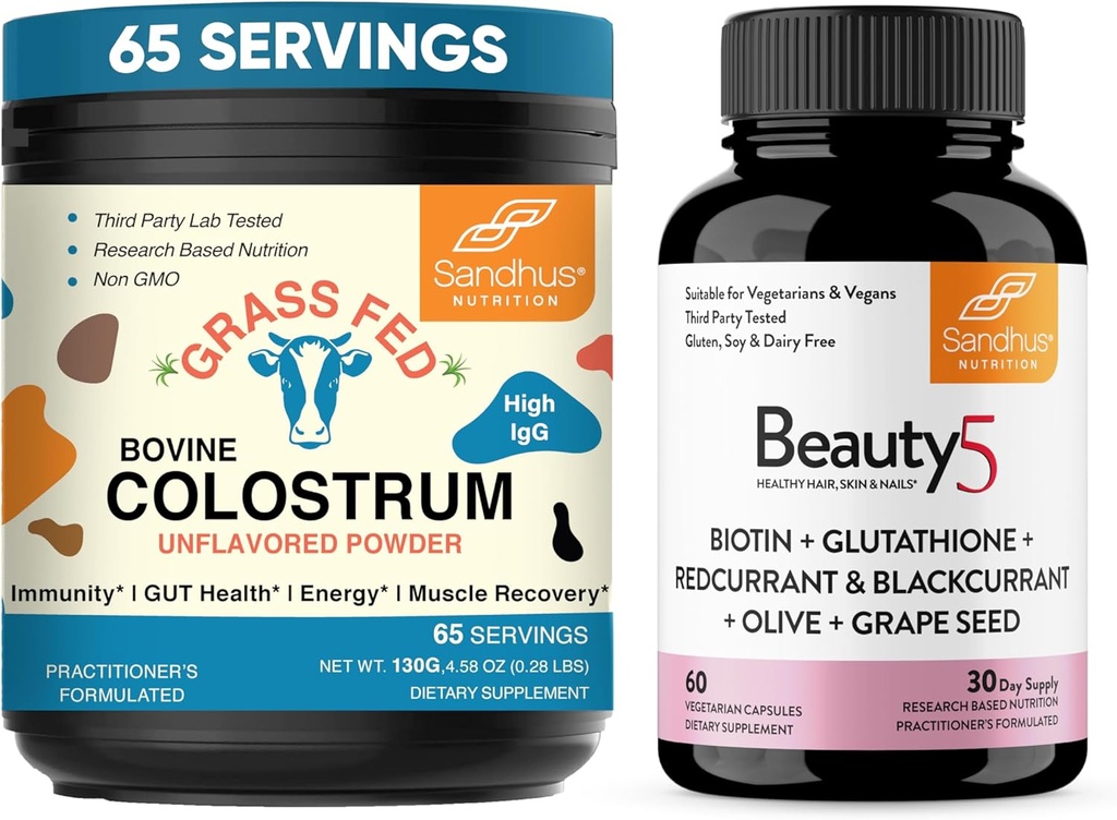 Sandhu's Pure Bovine Colostrum Powder Supplement for Humans & Beauty5 Vegetarian Capsules| Immune, Gut, Muscle, Hair, Skin and Nail Health Support| Non-GMO