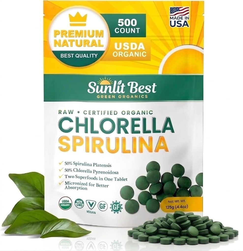 Sunlit Best Organic Chlorella Spirulina Tablets, Green Algae Pills, 500 CT
