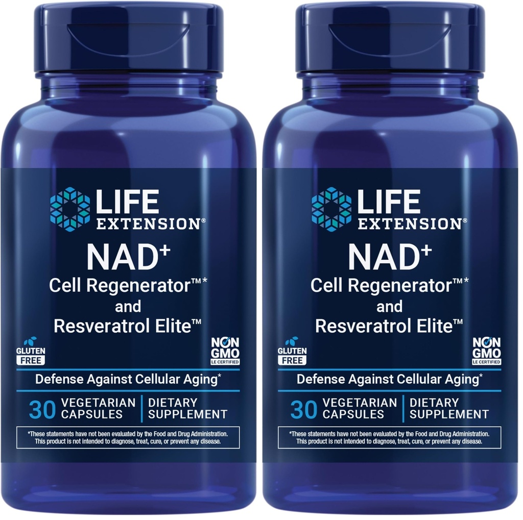Life Extension NAD+ Cell Regenerator™ & Resveratrol Elite™*,nicotinamide riboside,Trans-resveratrol,quercetin,Fisetin,Heart Health,Healthy Aging,Vegetarian,Non-GMO,Gluten Free, 30 Capsules (Pack of 2)