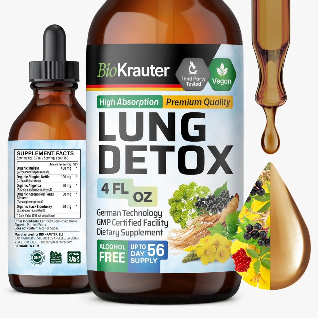 BIO KRAUTER® 5-in-1 Lung Detox with Mullein, Stinging Nettle, Angelica, Ginseng, Black Elderberry Extracts for Immune & Respiratory Support - Lung Support Supplement 4 Fl.Oz., 56-Day Supply
