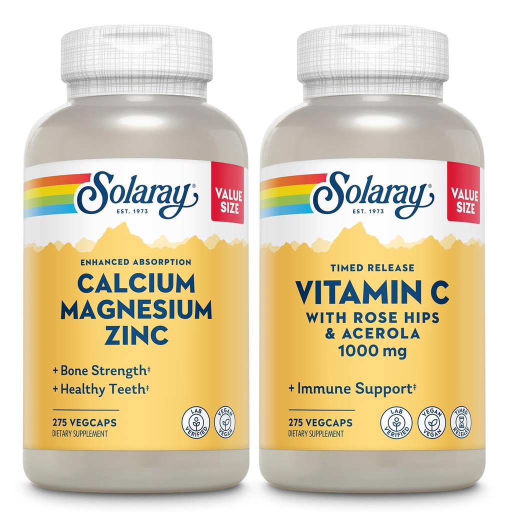 SOLARAY Calcium Magnesium Zinc and Timed Release Vitamin C - Bone Health, Immune Support Bundle, 1000mg Calcium, 500mg Magnesium, 1000mg Vitamin C Supplement, Vegan, 60-Day Guarantee, 275 VegCaps Each
