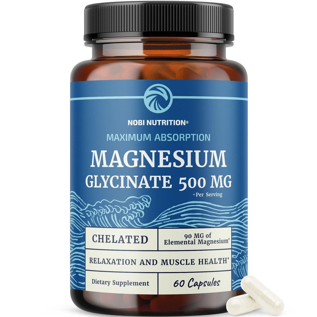 Magnesium Glycinate 500mg | Chelated for High Absorption | Muscle Relaxation, Bones, Heart, Nerve, Sleep & Calm Support for Women & Men | Magnesium Chelate Supplement & Bisglycinate Complex | 60ct