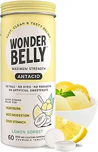 Wonderbelly Antacid, Effective Heartburn and Instant Acid Indigestion Relief, Extra Strength Chewable Tablets, 1000 mg Calcium Carbonate, No Talc or Dye, Lemon Sorbet, 60 Count