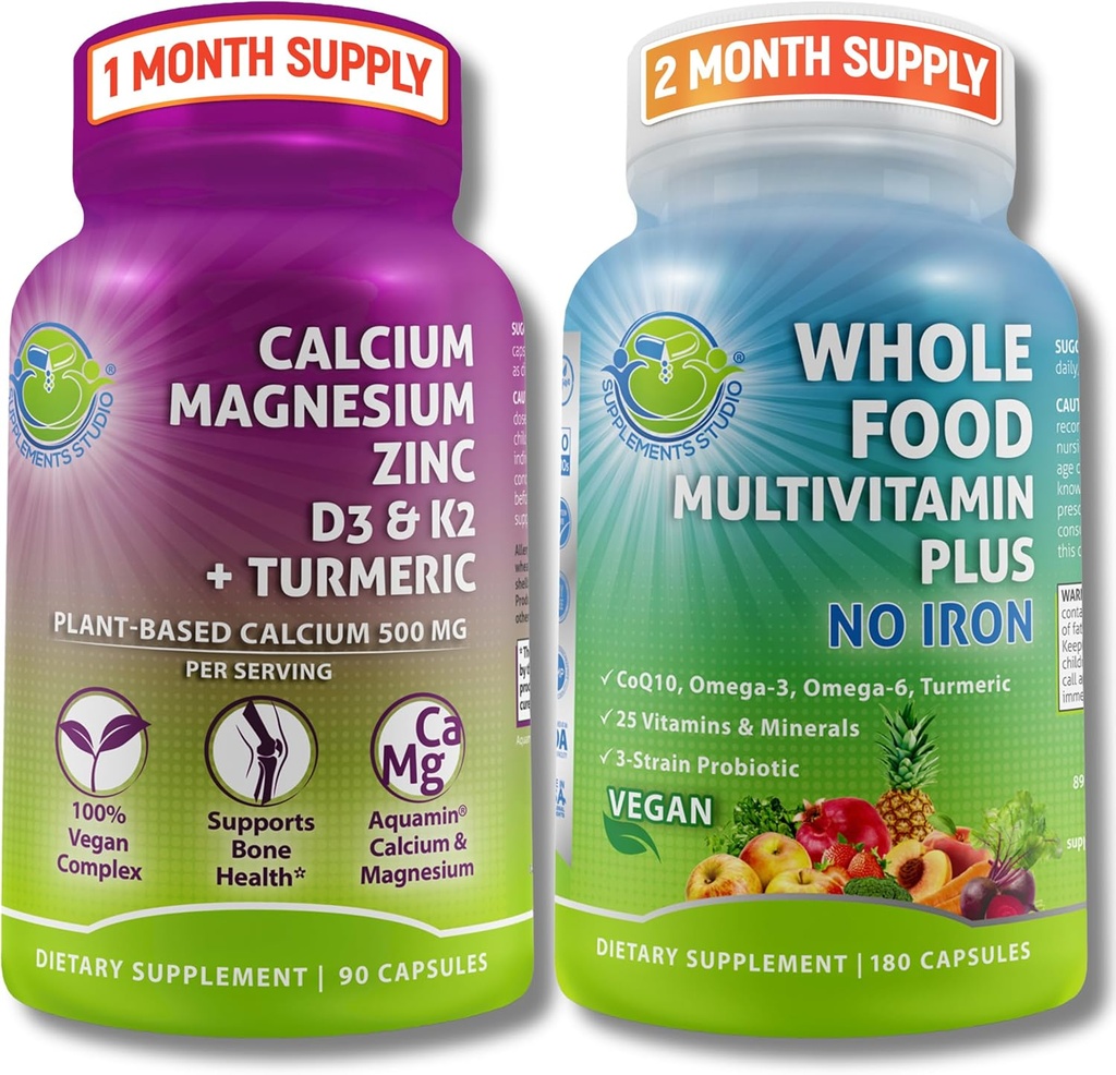SUPPLEMENTS STUDIO Daily Immune, Bone & Energy Support Bundle for Men & Women – Vegan Whole Food Multivitamin Without Iron & Plant-Based Calcium Magnesium with D3, K2 & Turmeric – Vegan, Non-GMO