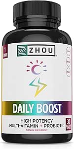 Zhou Daily Boost - Probiotic Multivitamin for Women & Men, Immune Support, Antioxidant & Eye Health Supplement with Vitamin A, Vitamin C, Biotin & Folate for Adults - 30 Veggie Capsules