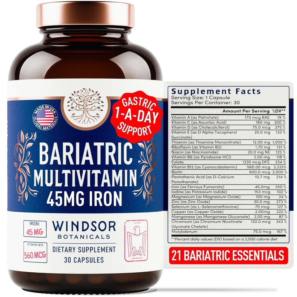 Bariatric Multivitamin with Iron - 45 mg Iron Once Daily, 21 Essential Vitamins - Easy to Swallow Bariatric Vitamins for Women & Men - Gastric Bypass, Gastric Sleeve Recovery Support - 30 Capsules