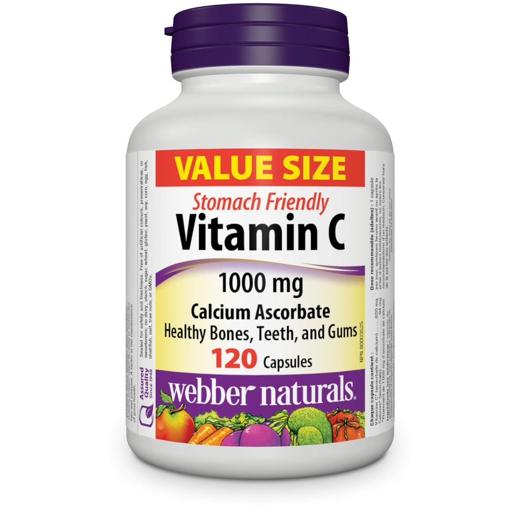 Webber Naturals Vitamin C Calcium Ascorbate 1000 mg · Stomach Friendly, 120 Capsules