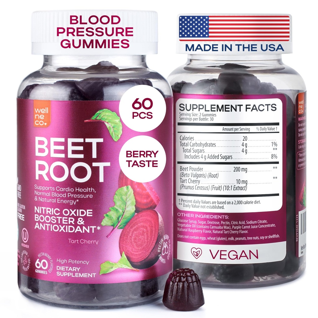 Beet Chews for High Blood Pressure - Beet Root Gummies Made in USA with Tart Cherry - Nitric Oxide Supplements for Energy and Cardio Health - Vegan, No GMO, Pectin Based - for Women and Men, 60 Pcs