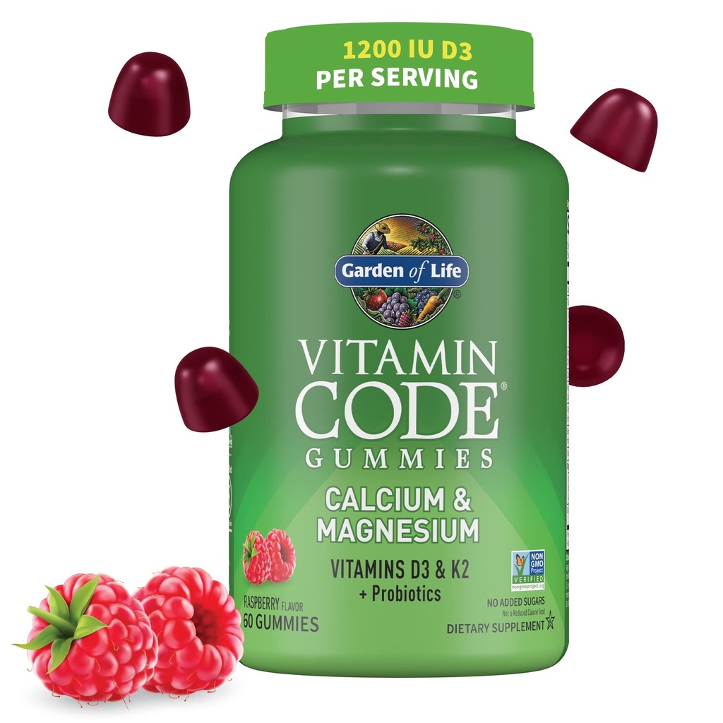 Garden of Life Vitamin Code Calcium Magnesium Gummies with D3 & K2, Supports Bone Health & Bone Strength + Prebiotics & Probiotics for Digestive Support, Non-GMO, Gluten-Free, 60 Raspberry Gummies