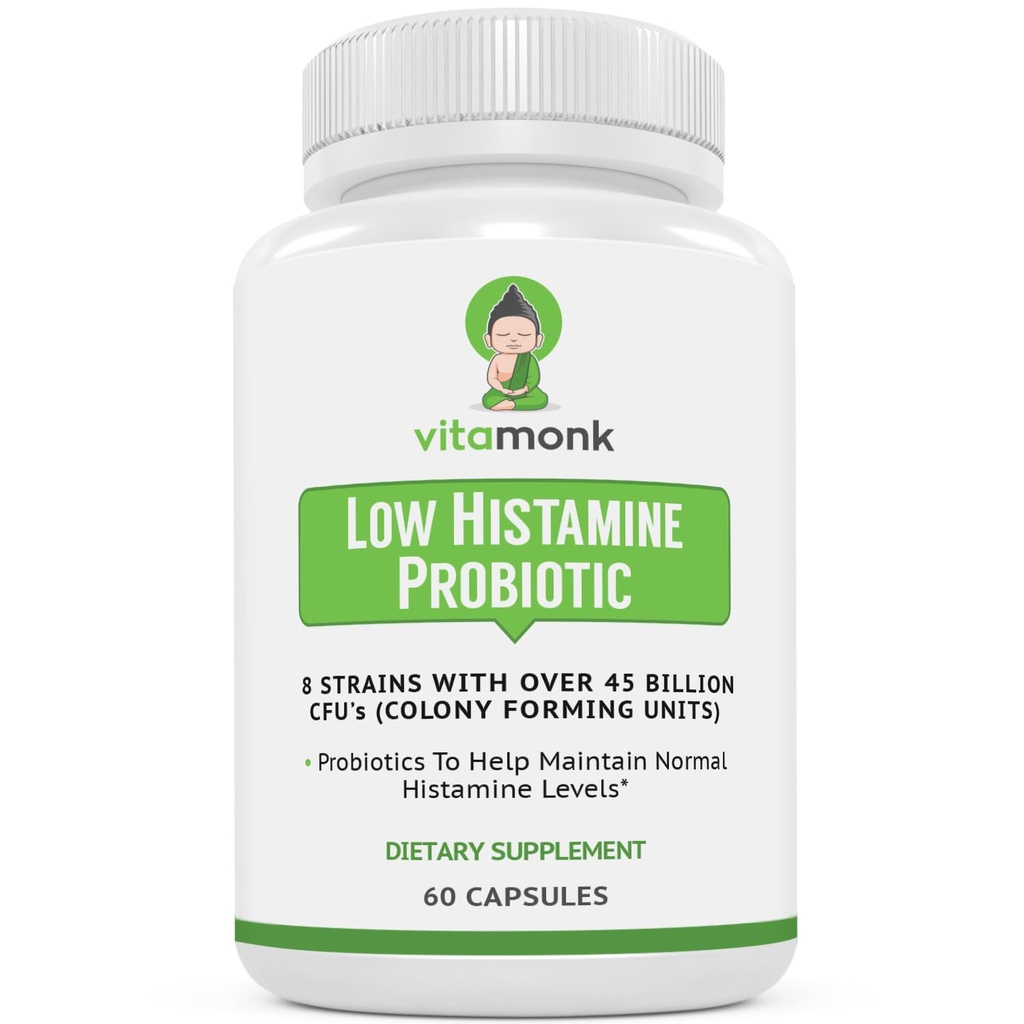 VitaMonk Low Histamine Probiotics Fight Histamine Intolerance and Support Balanced Gut Health - Histamine Free Probiotic for Those Seeking Health Improvements with Histamine Control -60 Capsules