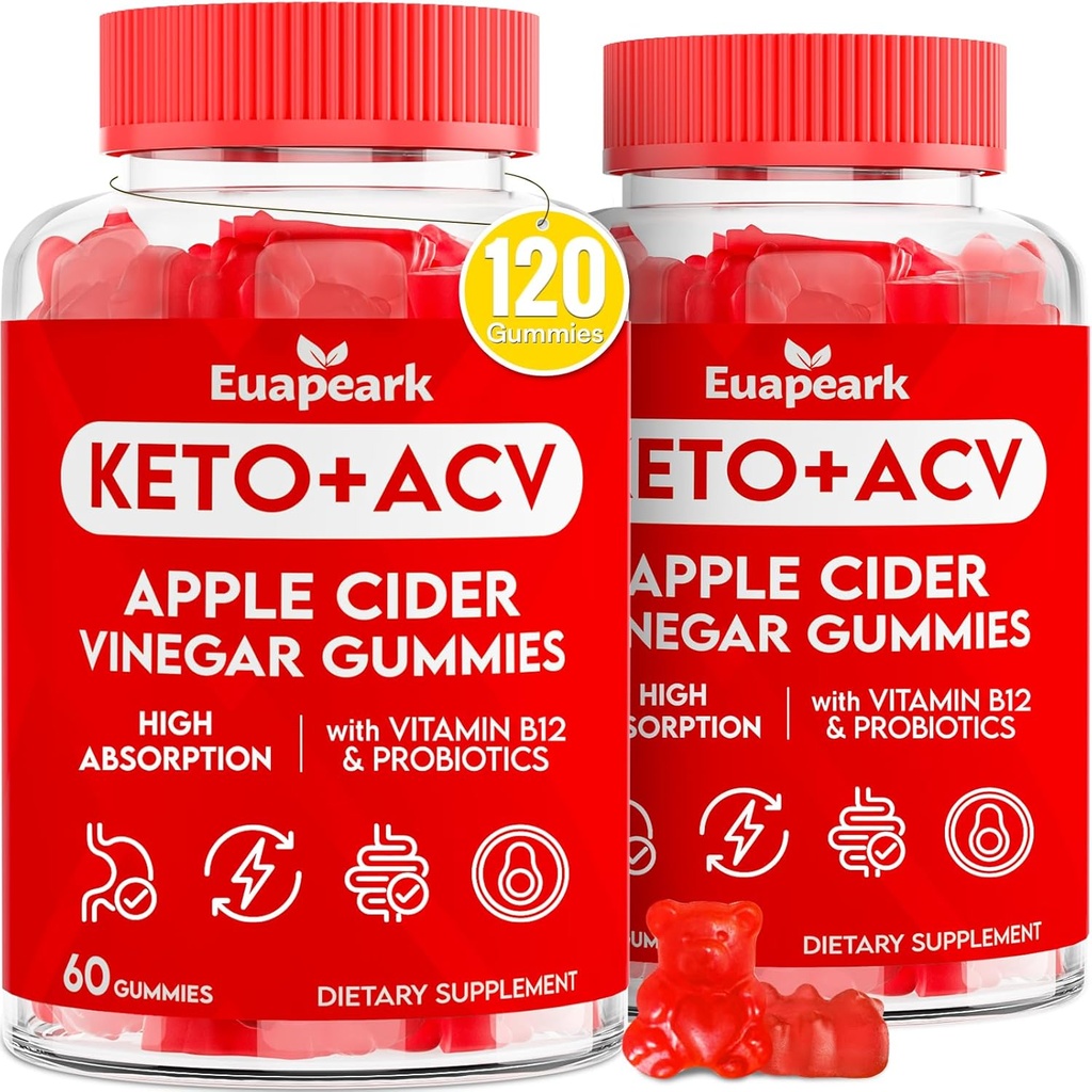 Apple Cider Vinegar Gummies, Keto ACV Gummies with Probiotics, Vitamin B12 & Keto Support, 2000 mg ACV with Mother for Digestion, Metabolism, Cleanse & Detox Diet, Vegan, Low Sugar, 120 Counts