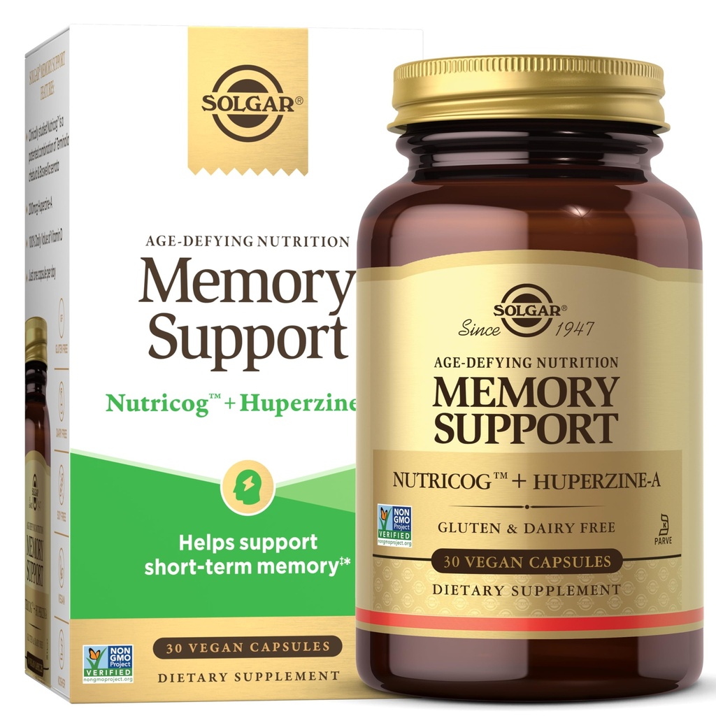 Solgar Memory Support Brain Dietary Supplement for Memory and Focus, Clinically Studied Nutricog, Vitamin D & Huperzine-A, Nootropic Brain Health Supplement, Healthy Aging Support, 30 Servings
