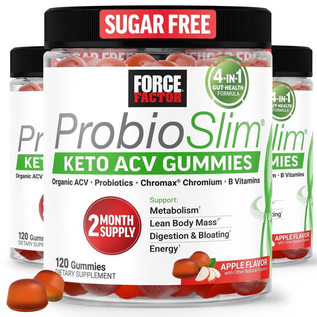 Force Factor ProbioSlim Apple Cider Vinegar Gummies, Keto ACV Gummies with LactoSpore Probiotics & Prebiotics to Support Digestion, Metabolism & Immune Health, 1 Net Carb, Organic, Apple Flavor, 360ct