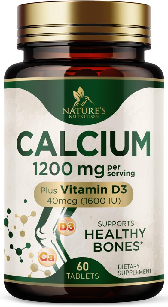 Calcium 1200 mg with Vitamin D3 - Per Serving - Bone Health Supplement - Vitamin D & Calcium Supplements for Women & Men - Bone Strength Support - Natural Calcium Pills - Bottled in USA - 60 Tablets