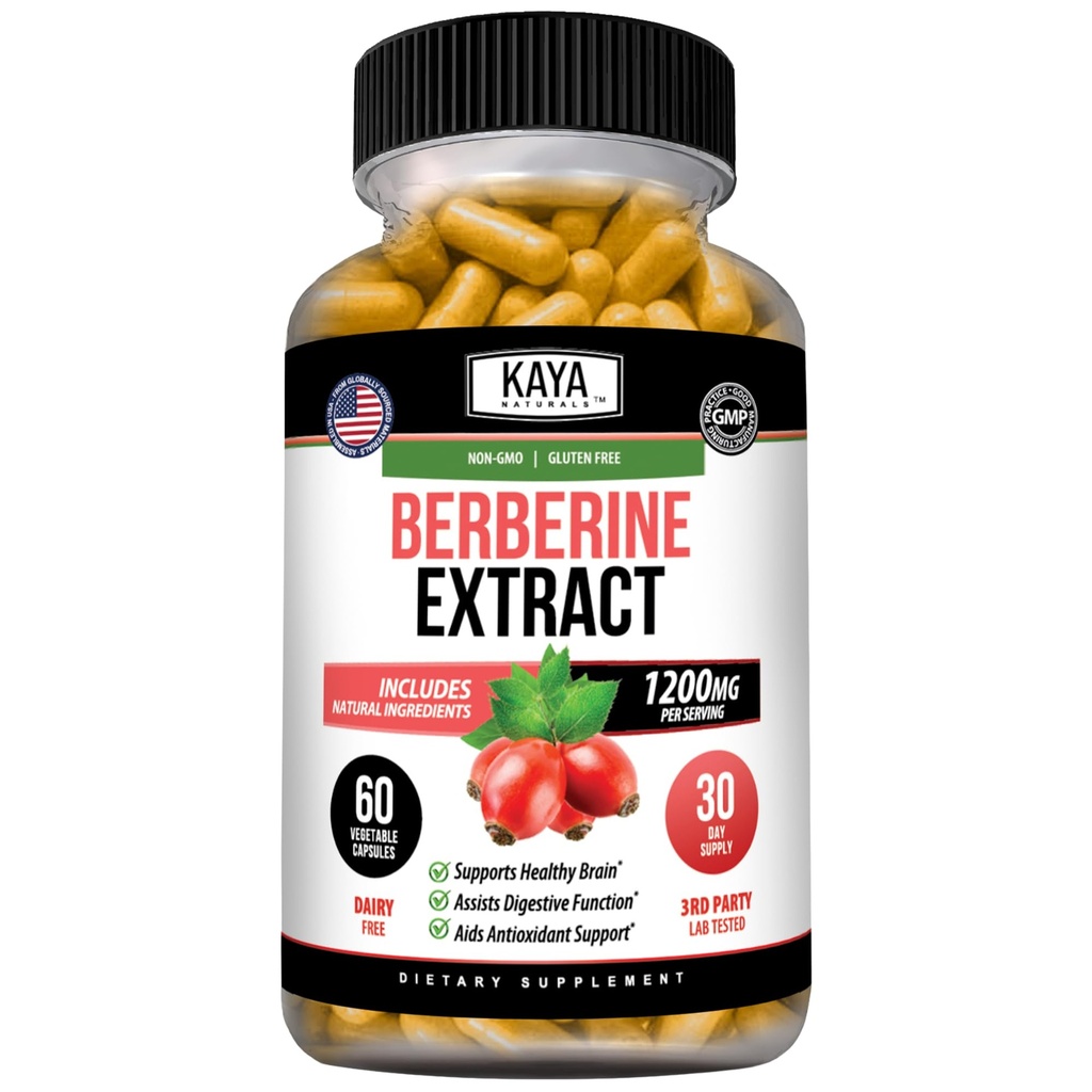 Kaya Naturals Berberine HCL Extract 1200mg - Immune System - Gluco Levels - Gut Health (Vegetarian, Non-GMO & Gluten-Free) Berberine Supplement (60 Count (Pack of 1)