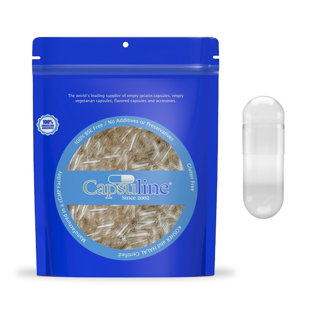 Capsuline Size 0 Gelatin Empty Capsules, 5000 Count, Empty Gel Pill Capsules, DIY Pure Bovine Pill Capsule Filling, Empty Caps, Kosher, Gluten Free and Non-GMO Certified, Clear