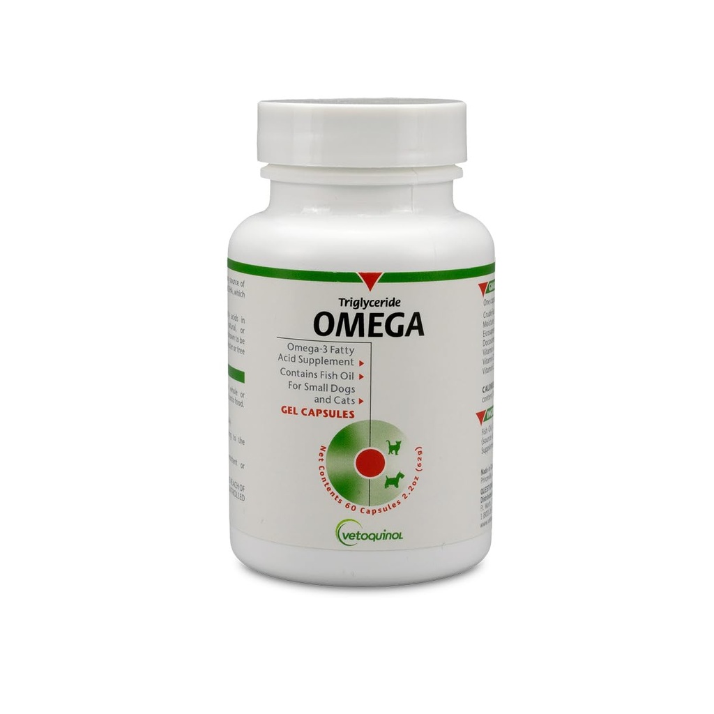 Vetoquinol Triglyceride Omega - Fish Oil for Dogs & Cats - Supports Healthy Skin, Coat & Normal Immune Response - Supplement with Vitamin Blend for Heart, Eye, Bone & Muscle Support - 60 Capsules