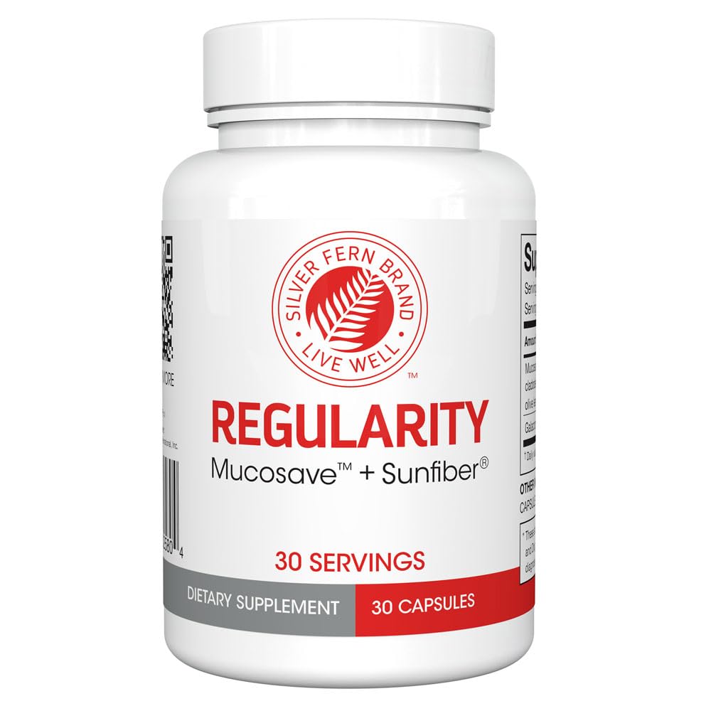 Silver Fern Regularity Digestive Supplement Capsules Brand - 1 Bottle = 30 Capsules = 30 Day Supply - Mucosave FG (Prickly Pear Polysaccharides & Olive Leaf Polyphenols) & SunFiber