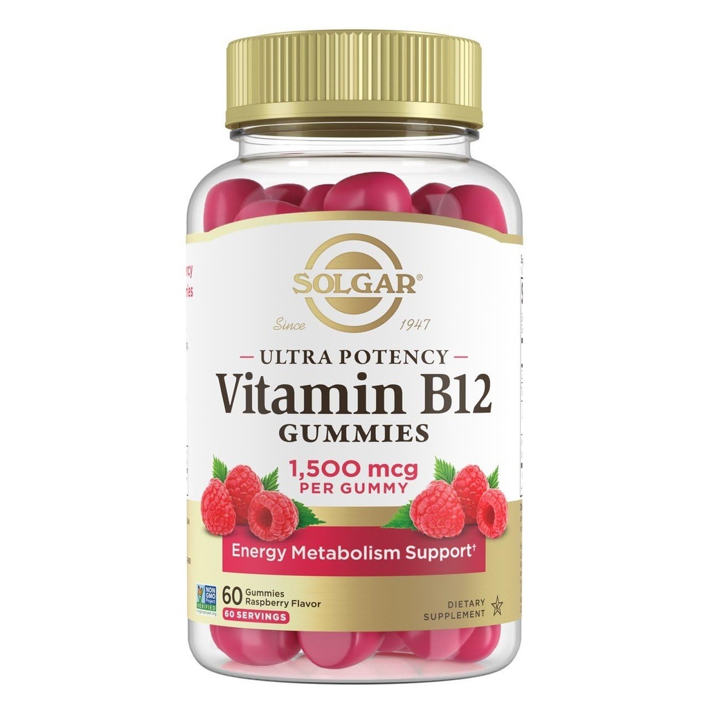 Solgar Methyl B12 Gummies for Adults 1,500mcg Ultra Potency Vitamin for Energy & Metabolism Support, Raspberry Flavor, Vegan & Gluten-Free Gummy for Women & Men, 2 Month Supply, 60 Servings, 2g Sugar