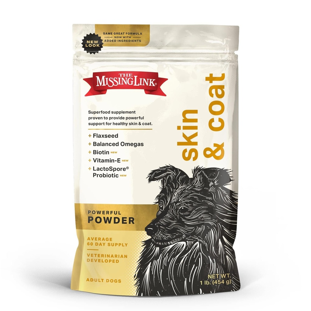 The Missing Link Skin & Coat Superfood Supplement Powder, Dogs, 1 lb | Soft & Glossy Coats, Reduced Shedding, Supports Hair Growth, Protect & Soothe Skin, Vitamin E, Biotin, Probiotics, Omegas