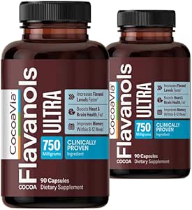 CocoaVia Memory+ Brain Supplement, 60 Day, 750 mg Cocoa Flavanols, Memory & Brain Booster, Vegan, Plant Based,180 Capsules