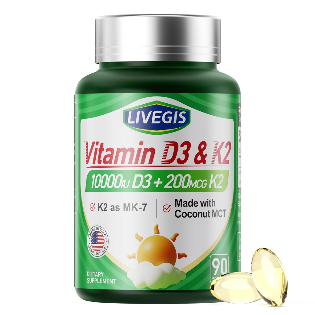 Vitamin D3 K2 Softgels, D3 10000 IU with K2 (MK-7) 200 mcg with Coconut Oil Softgels, Easy to Swallow 2 in 1 Vitamins D & K, Supports Calcium Absorption, Immune and Heart Health - 90 Counts