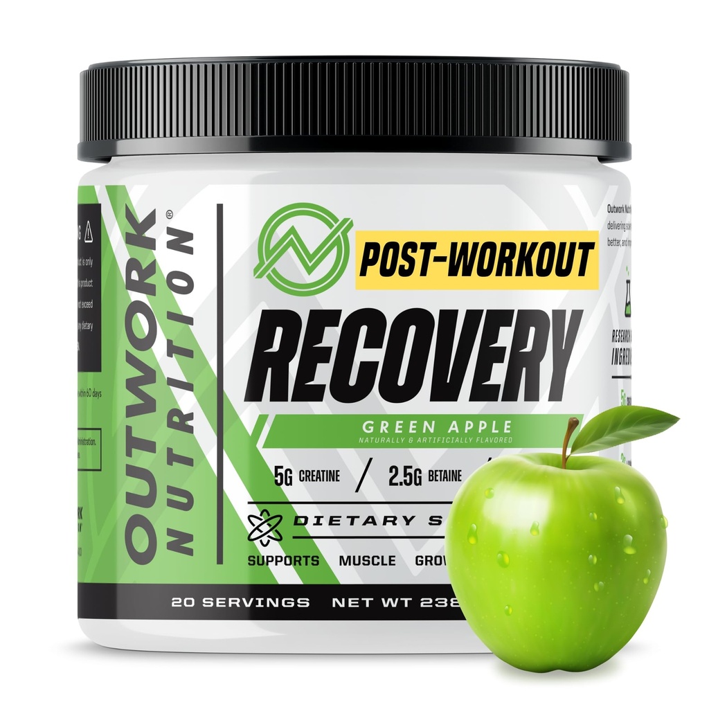 Outwork Nutrition Post Workout Recovery Powder - Creatine Monohydrate, KSM-66 Ashwagandha & Tart Cherry - Speeds Recovery, Eases Soreness - Creatine Powder for Men & Women, Green Apple, 240 Gr