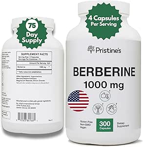 PRISTINE'S Berberine Supplement Capsules - 1000 MG 75 Day Supply - Heart, & Immunity Health Support Antioxidant - Digestive Tract & Healthy Gut Flora Support